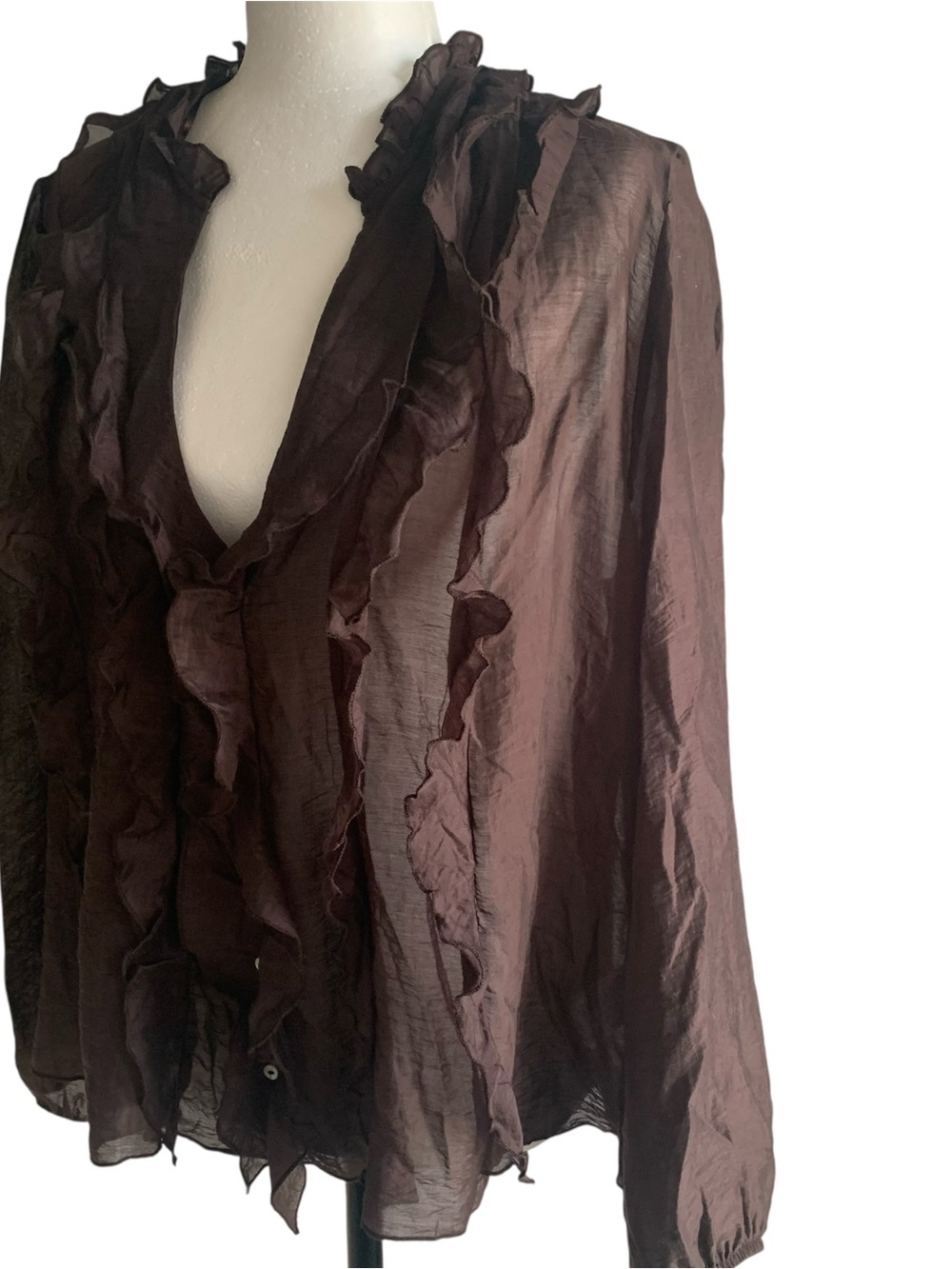 🆕 Zara V‑neck Tunic-top Semi Sheer Ruffles Mother‑of‑pearl Buttons PuffLS BRN XL - Picture 7 of 11